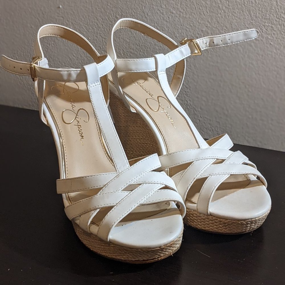8 | Jessica Simpson | White T-Strap Woven Wedges